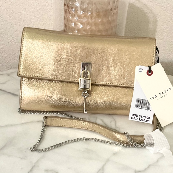 Ted Baker NWT mixed media, metallic gold,quality genuine leather crossbody party - Picture 2 of 12